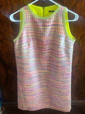 Bright Multi-Stripe Shift Dress with Neon Lime Trim